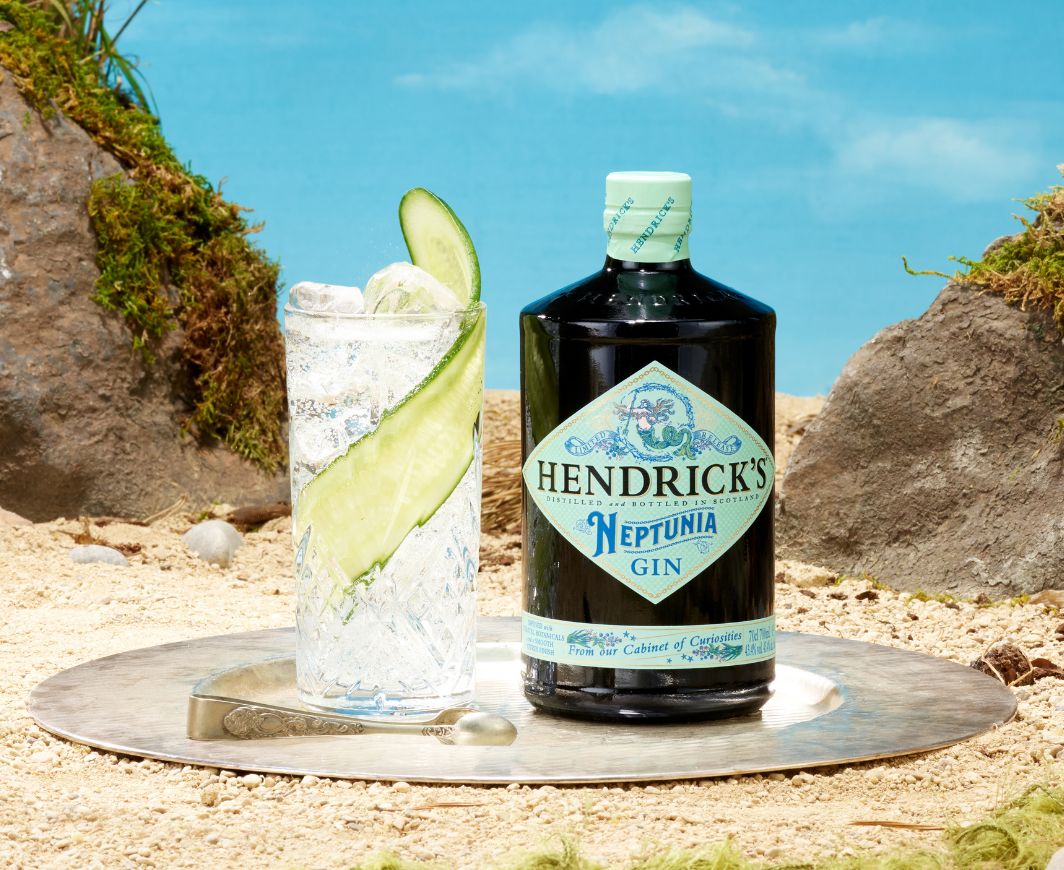 Eine Flasche Hendricks Neptunia Gin, daneben ein Gin Tonic im Longdrinkglas garniert mit einer Gurkenscheibe, beides auf einem silbernen Tablett mit einem silbernen Zuckerlöffel darunter und im HIntergrund Sand, Steine und ein blauer Himmel