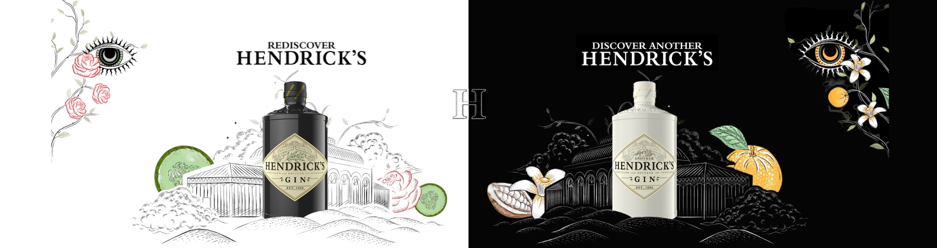 Hendricks Original Gin und Hendricks Another Gin Flaschen in künstlerischem Setting mit Gurke und Orange