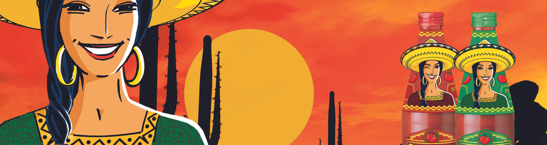 Ein gezeichnetes Foto einer mexikanischen Damen mit 2 Flaschen Sangrita vor einem Sonnenuntergang in der Wüste
