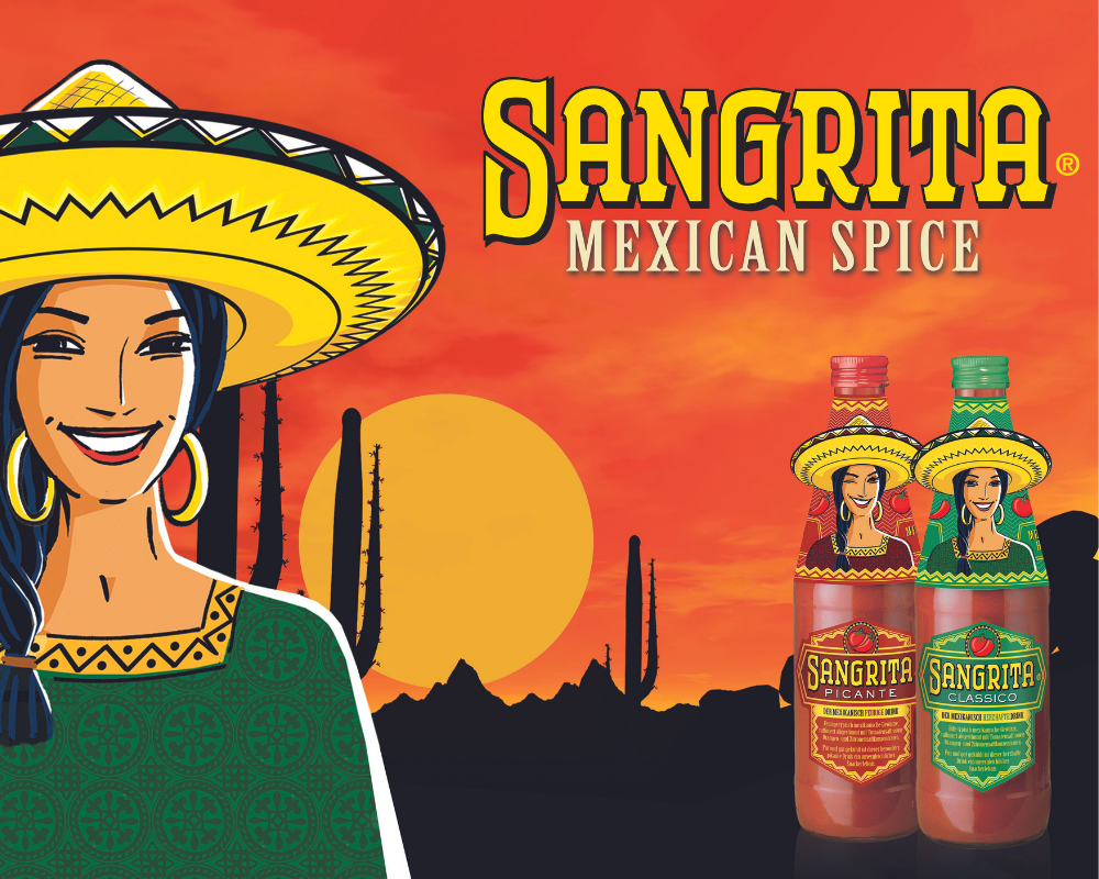 Ein gezeichnetes Foto einer mexikanischen Damen mit 2 Flaschen Sangrita vor einem Sonnenuntergang in der Wüste mit der Aufrischt "Sangrita Mexican Spice"