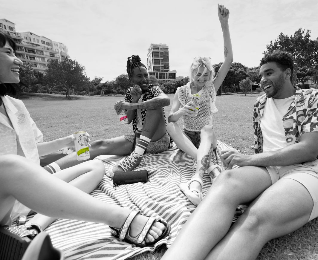 Eine Gruppe junger Leute sitzt im Park und trinkt White Claw