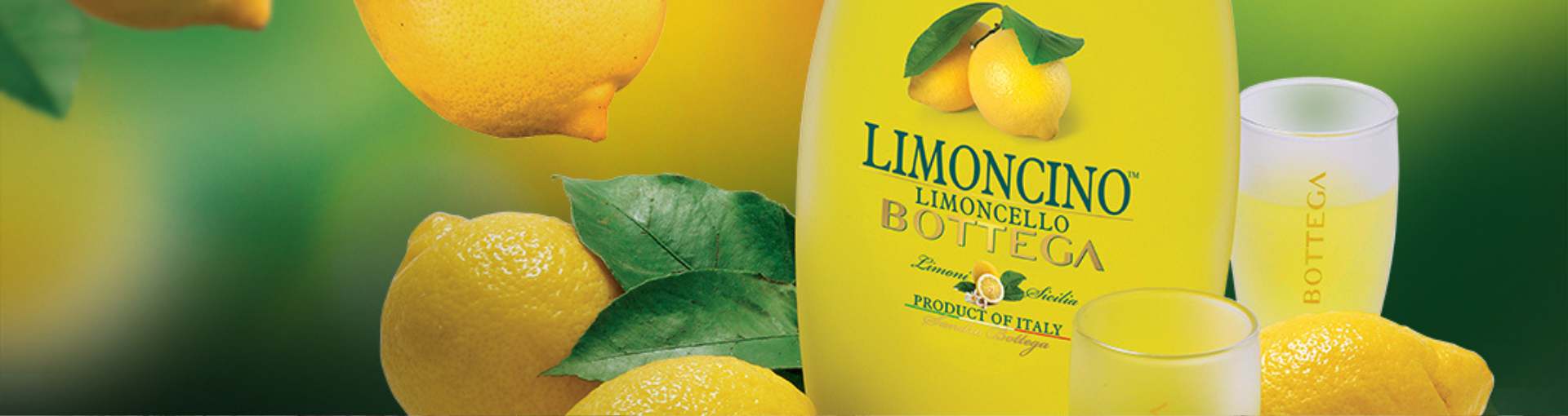 Botteag Limoncino Flasche mit Glas und Zitronen
